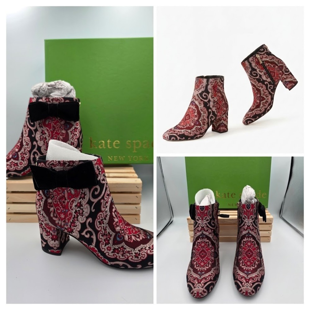 Kate Spade Holly Ankle Boots Womens 7.5M Russet Brocade Velvet Bow Block Heel